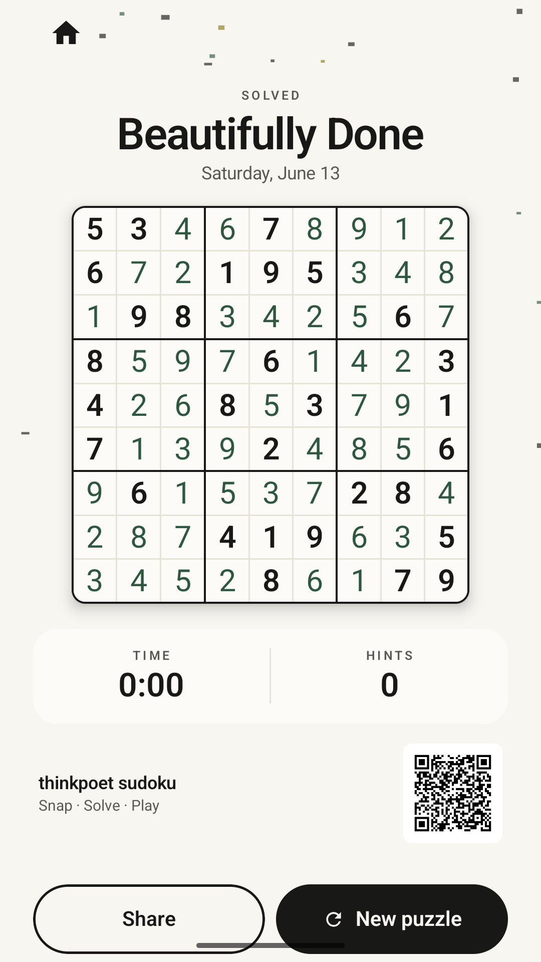 A solved Sudoku grid